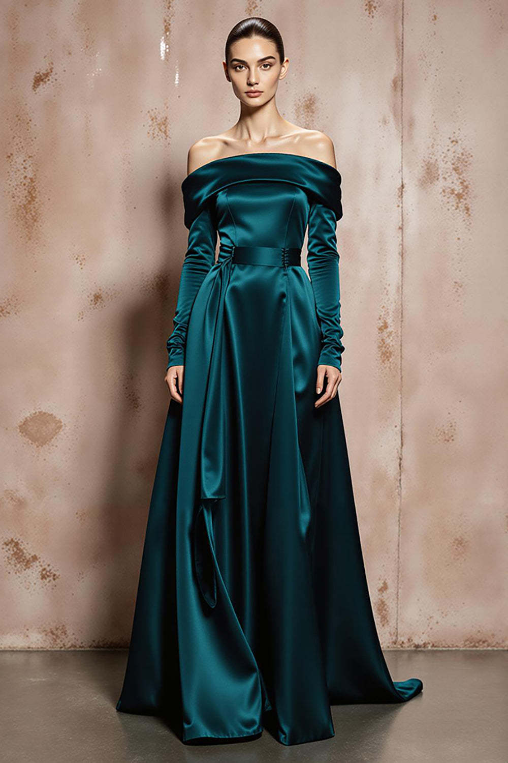 Leely Women Simple Dark Green Maxi Satin Formal Dress Off the Shoulder Long Sleeves A Line Gala Dress