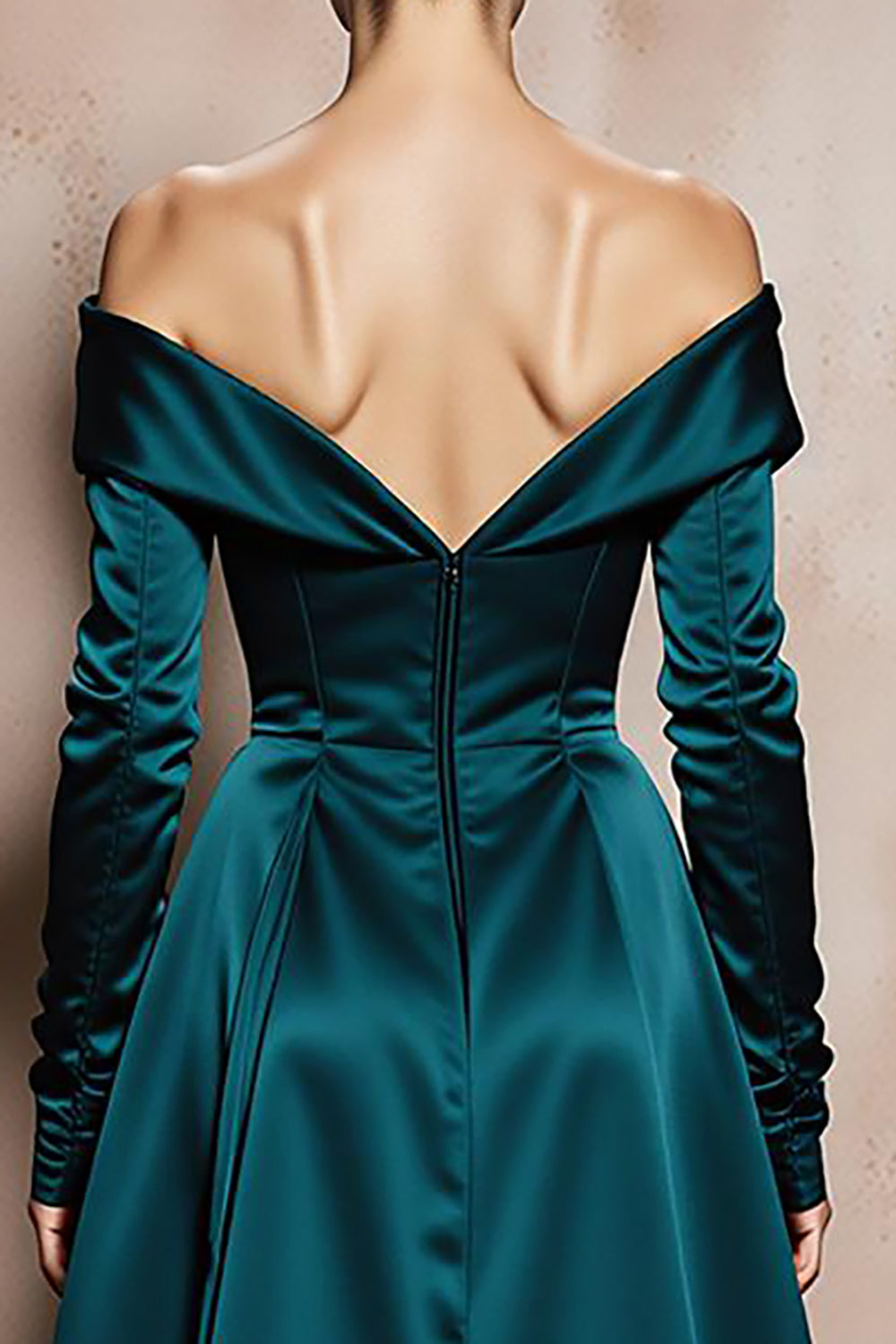 Dark Green Off the Shoulder A Line Maxi Satin Formal Dress with Sleeves