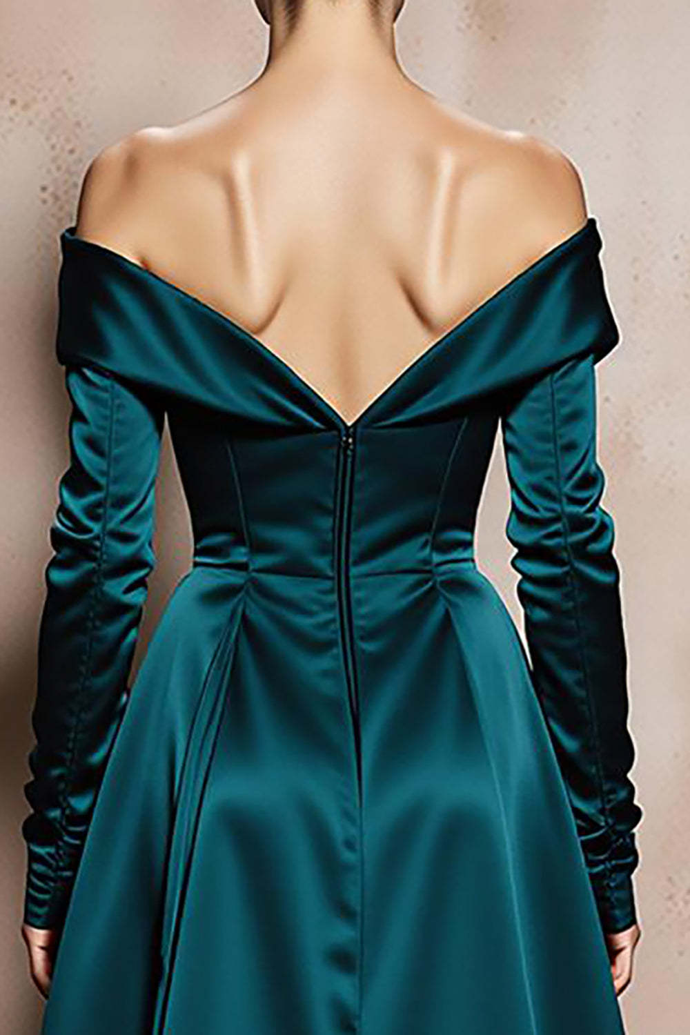Dark Green Off the Shoulder A Line Maxi Satin Formal Dress with Sleeves