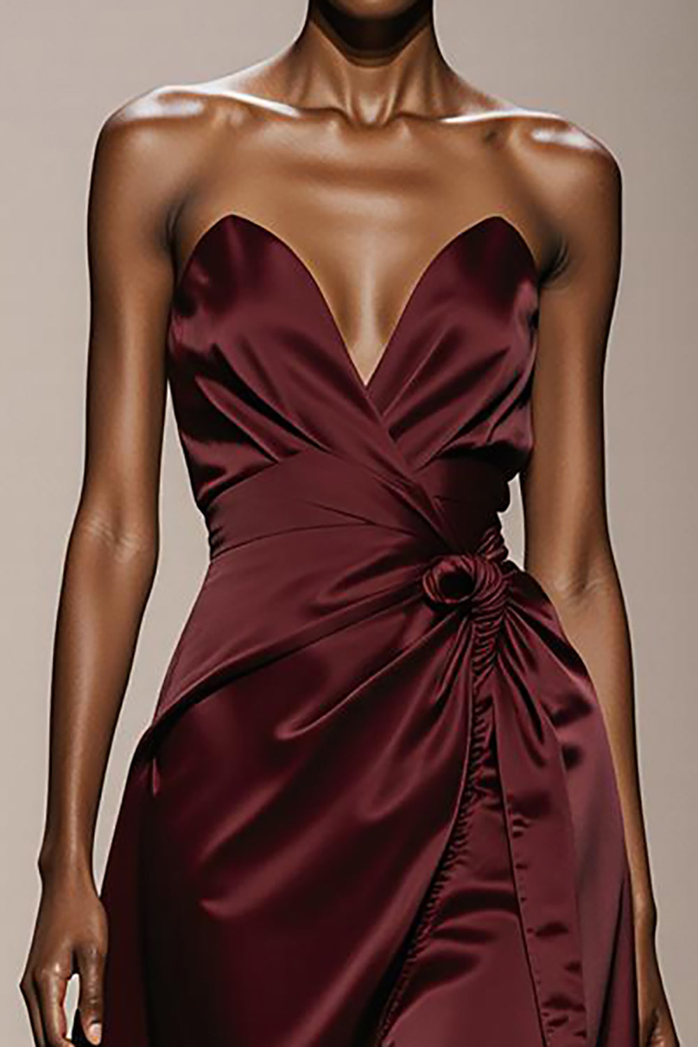 Simple Burgundy Satin Strapless Maxi Formal Dress