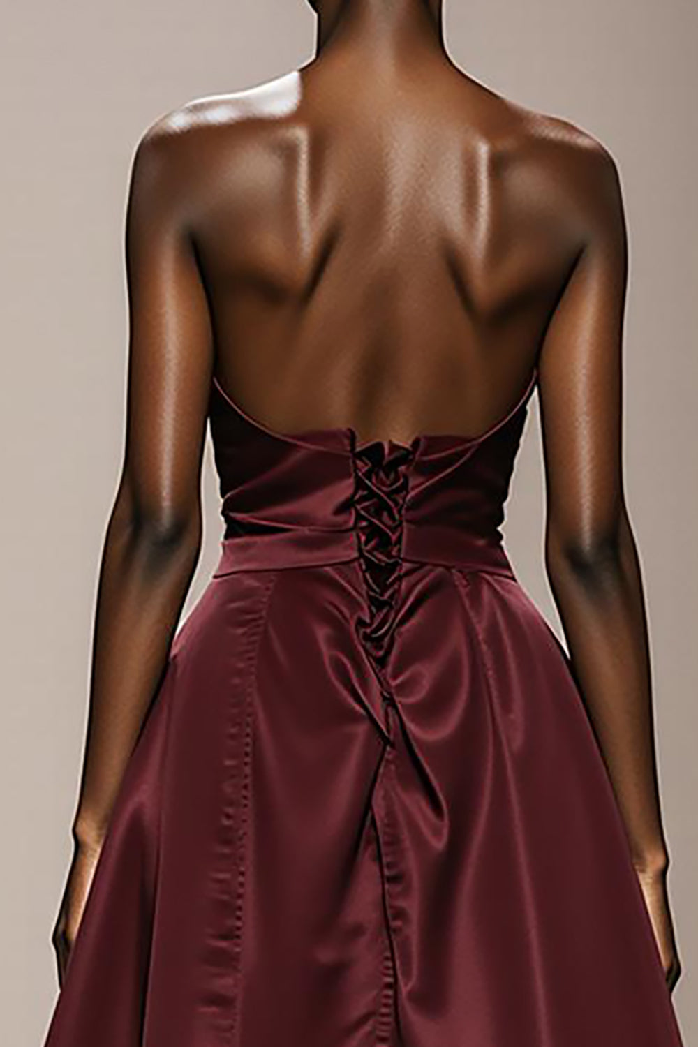 Simple Burgundy Satin Strapless Maxi Formal Dress