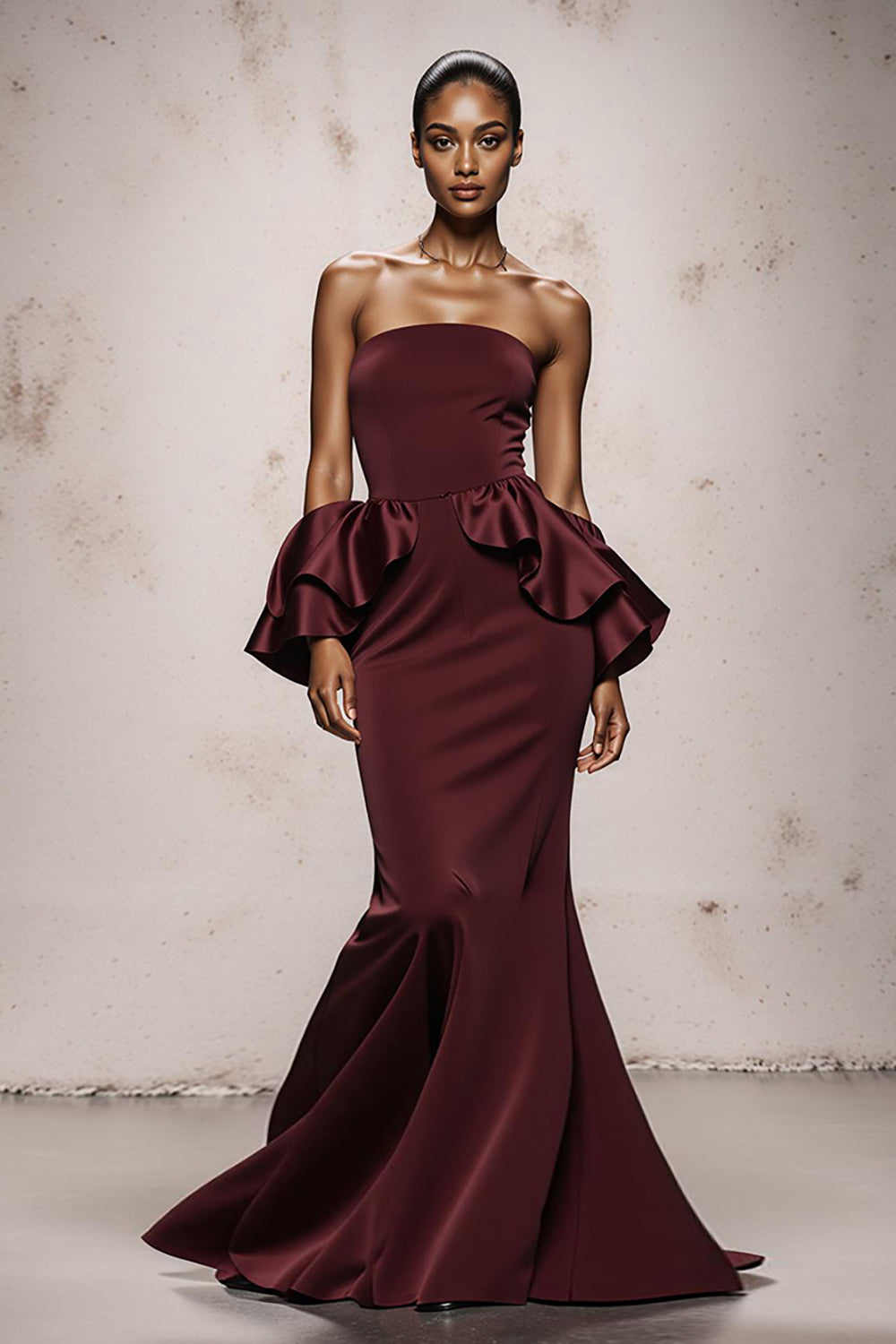 Burgundy Satin Strapless Mermaid Long Evening Dress with Ruffles