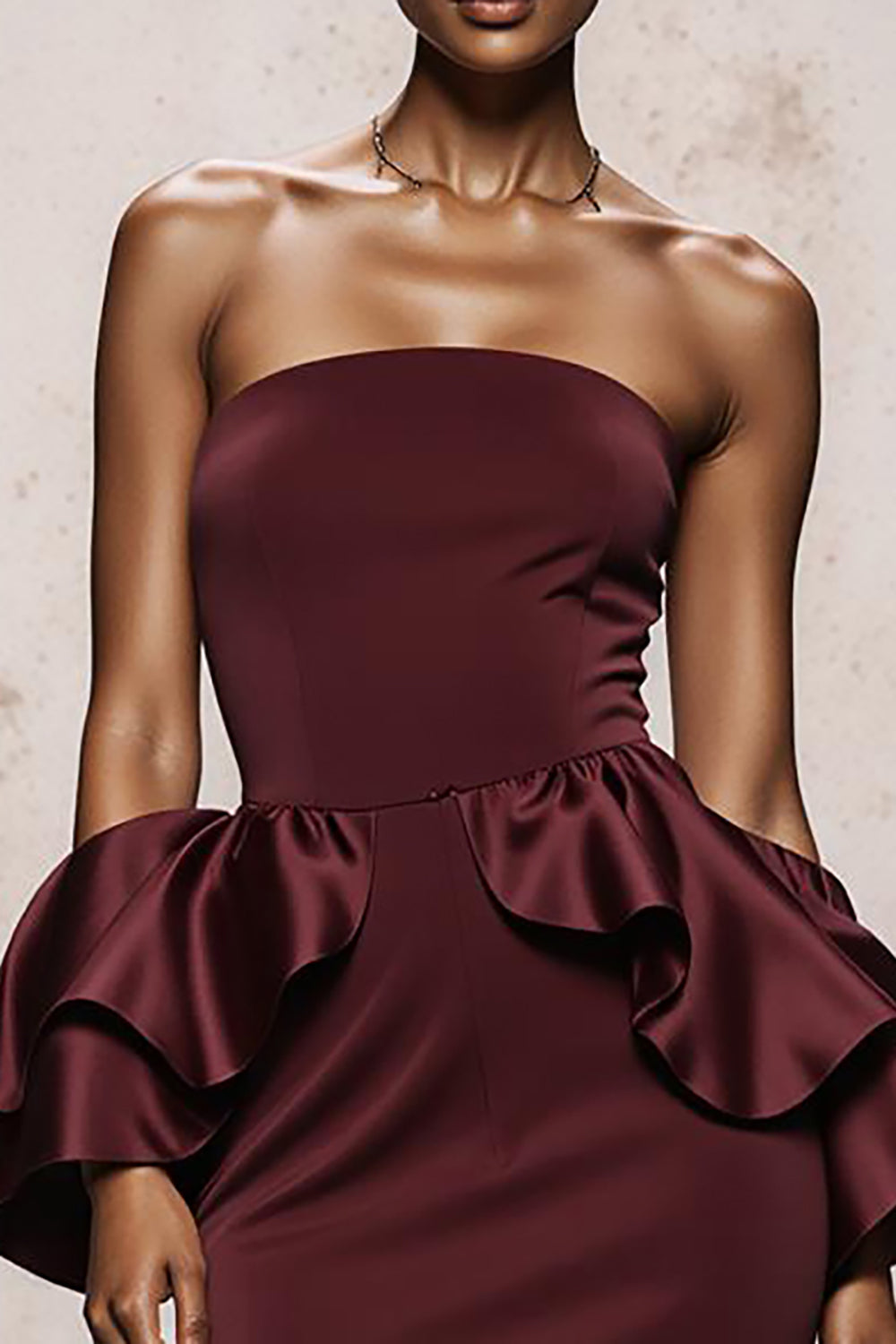 Burgundy Satin Strapless Mermaid Long Evening Dress with Ruffles