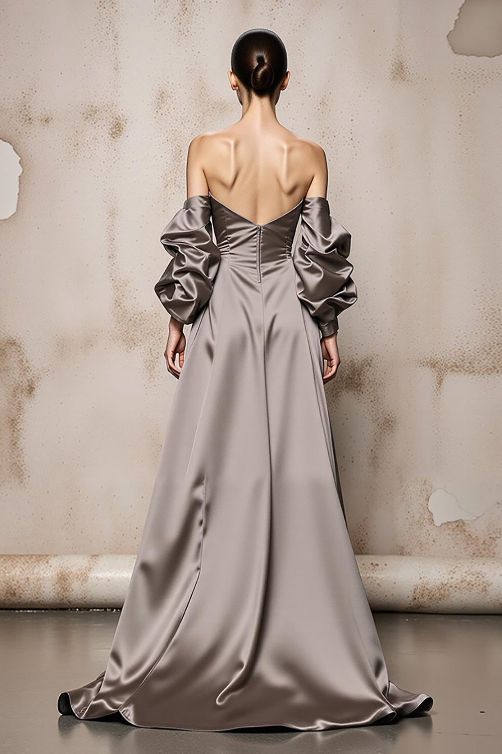 Sliver Satin Long Off the Shoulder Formal Dress with Sleeves