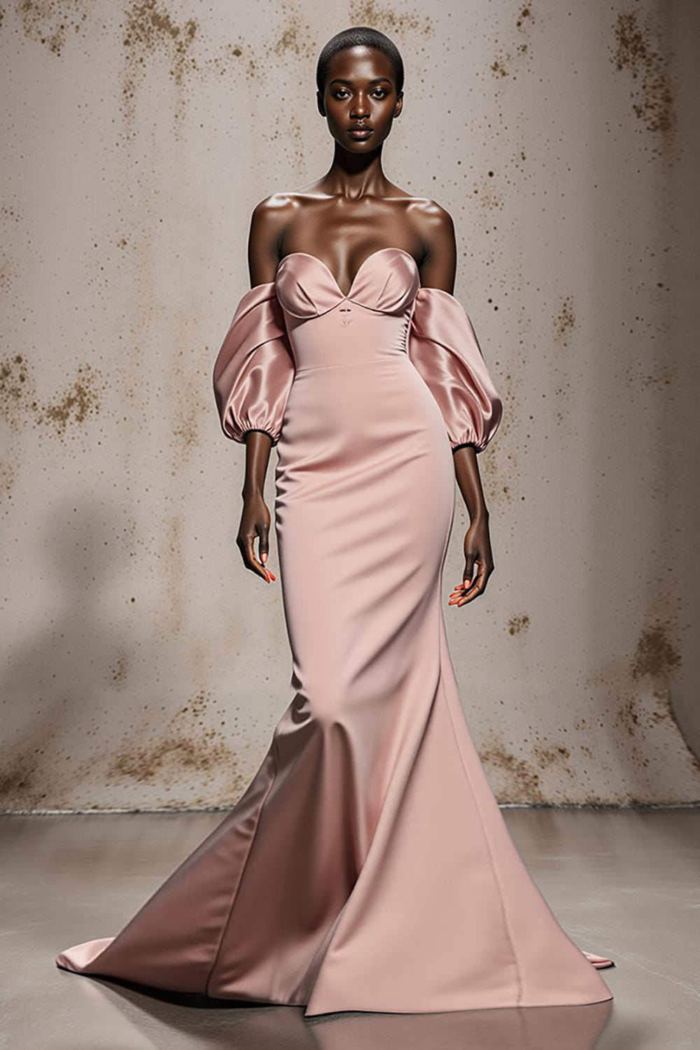 Light Pink Satin Mermaid Maxi Formal Dress with Sleeves