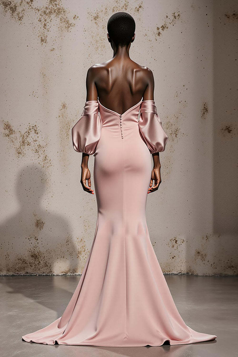 Light Pink Satin Mermaid Maxi Formal Dress with Sleeves