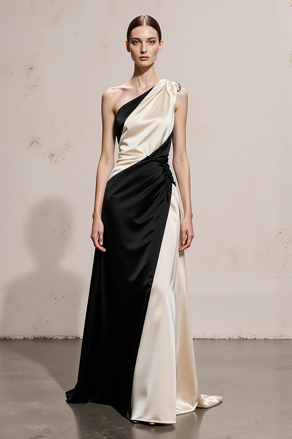 Black and White Satin Sheath One Shoulder Maxi Formal Dress