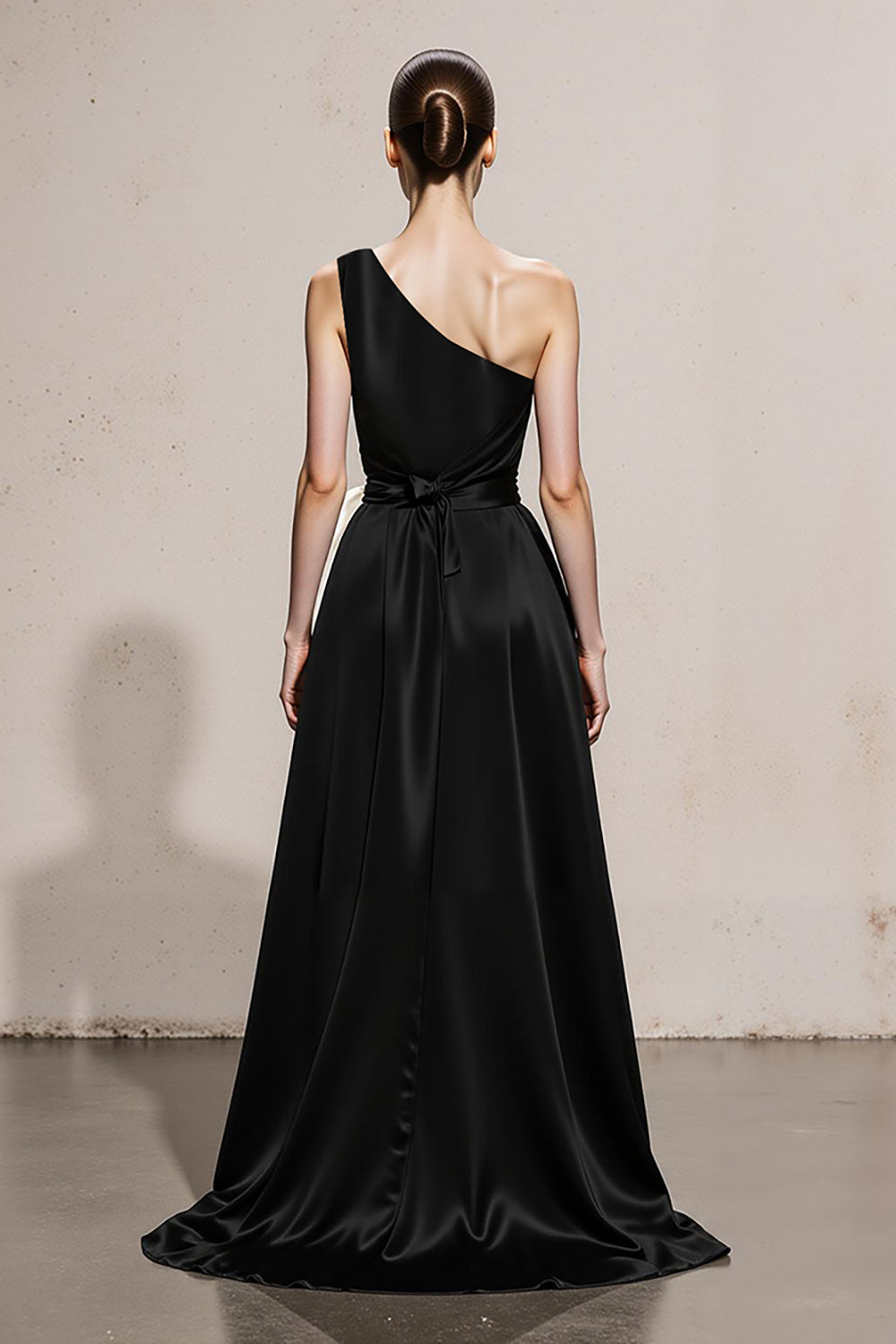 Black and White Satin Sheath One Shoulder Maxi Formal Dress