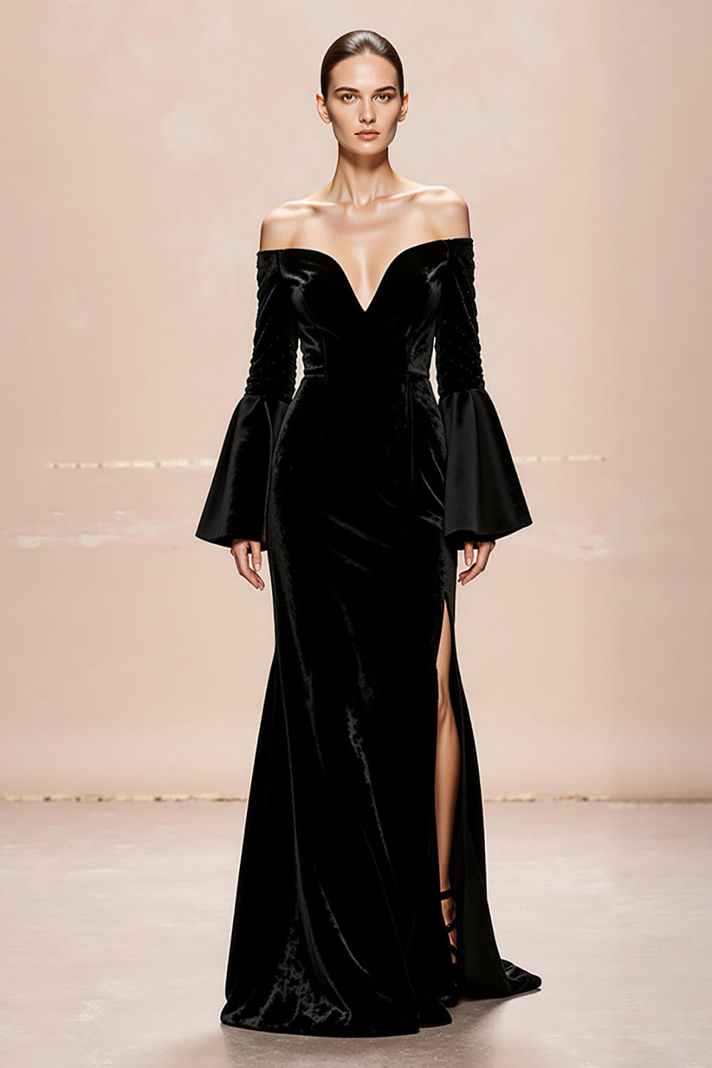 Leely Women Black Long Velvet Formal Dress with Slit Mermaid Long Sleeves Off the Shoulder Holiday Party Dress