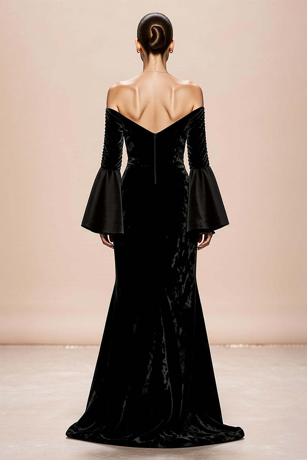 Black Mermaid Long Sleeves Velvet Formal Dress with Slit