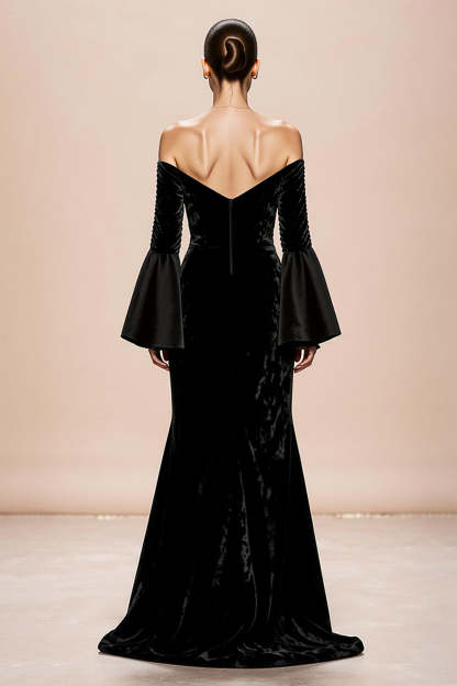 Black Mermaid Long Sleeves Velvet Formal Dress with Slit