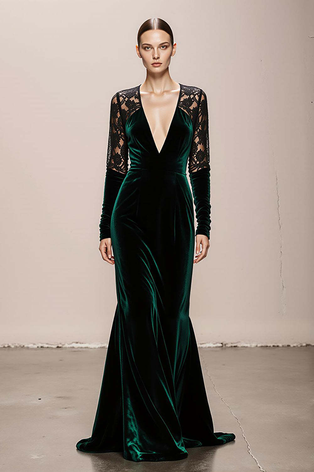 Leely Women Dark Green Long Velvet Formal Dress with Lace V-Neck Mermaid Long Sleeves Holiday Party Dress
