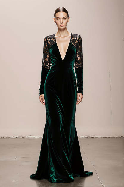 Leely Women Dark Green Long Velvet Formal Dress with Lace V-Neck Mermaid Long Sleeves Holiday Party Dress