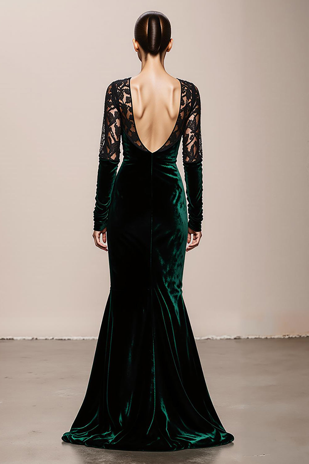 Dark Green Mermaid V-Neck Velvet Long Formal Dress with Lace
