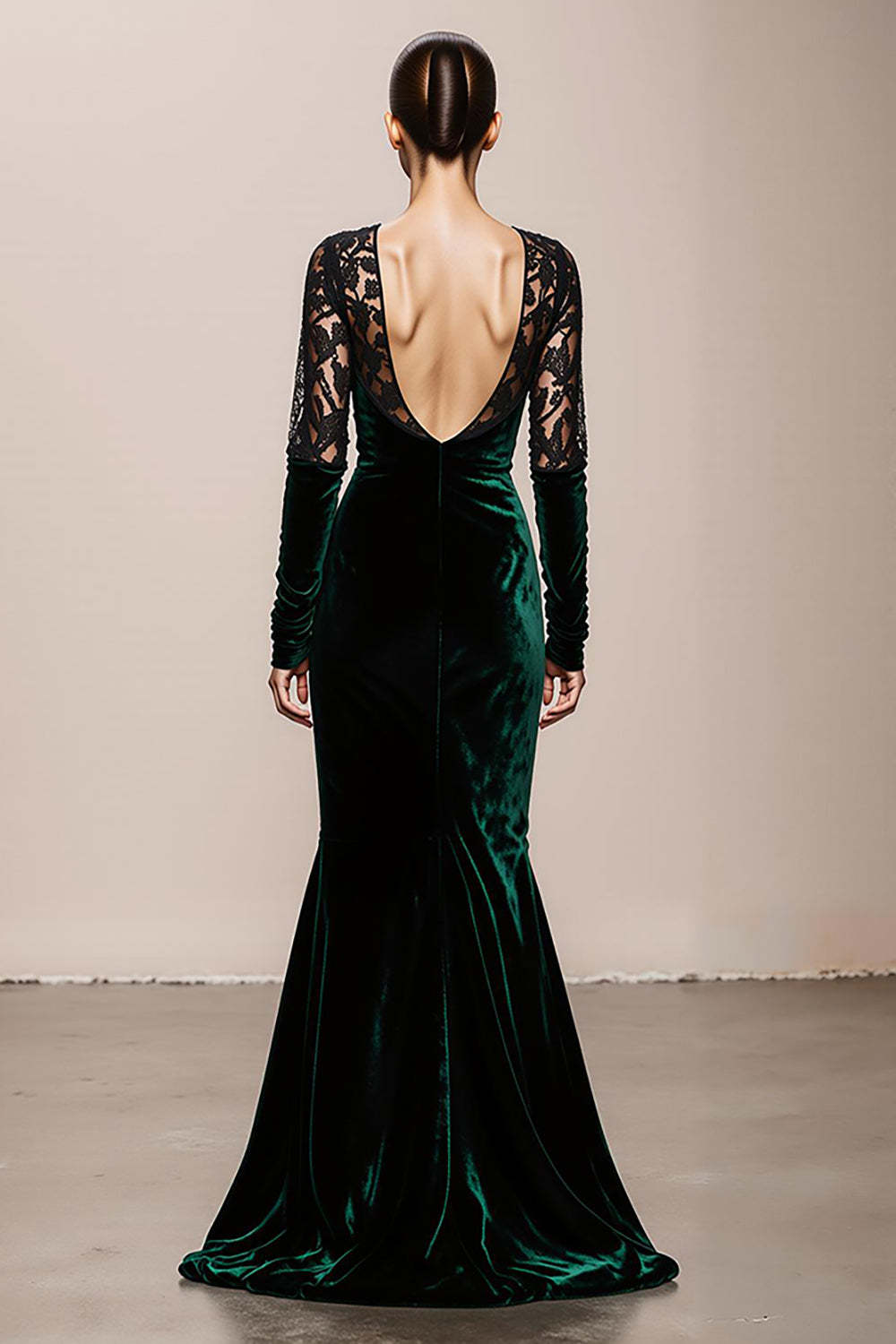 Dark Green Mermaid V-Neck Velvet Long Formal Dress with Lace