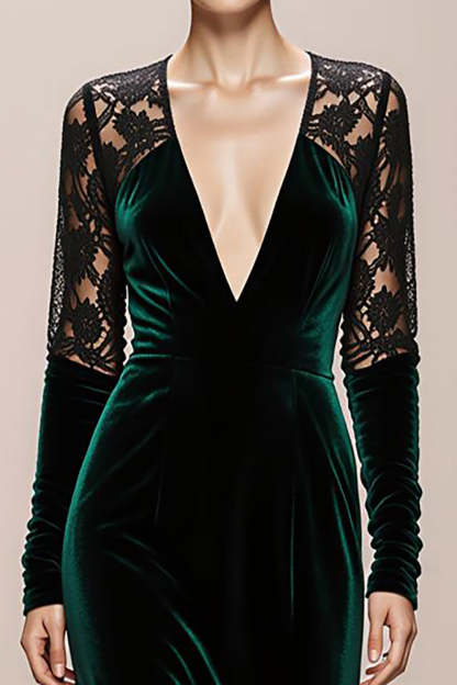 Dark Green Mermaid V-Neck Velvet Long Formal Dress with Lace