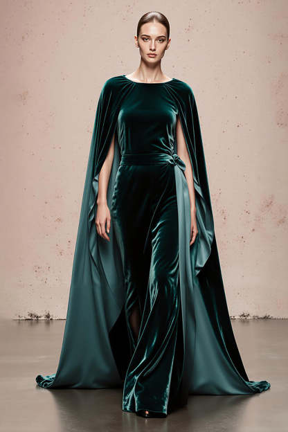 Leely Women Dark Green Velvet Maxi Formal Dress with Cape Boat Neck Mermaid Holiday Party Dress