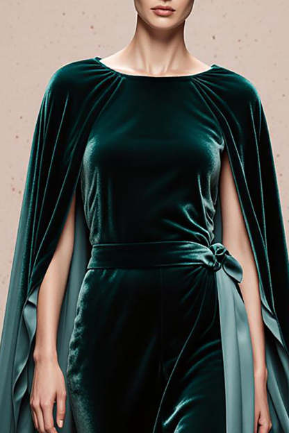 Dark Green Velvet Boat Neck Maxi Formal Dress with Cape