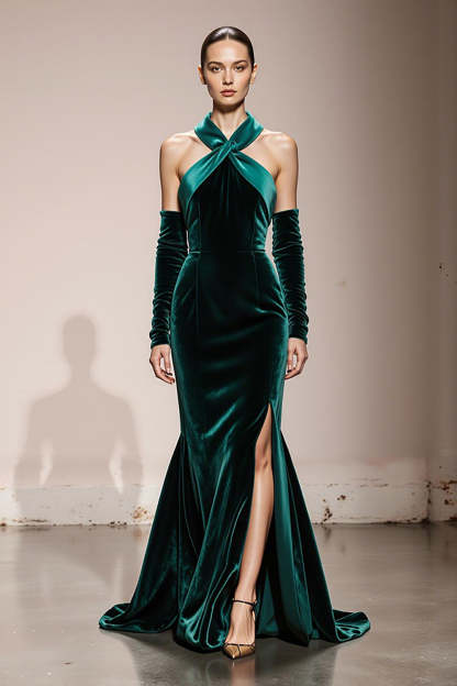 Leely Women Dark Green Long Velvet Formal Dress with Slit Halter Mermaid Holiday Party Dress
