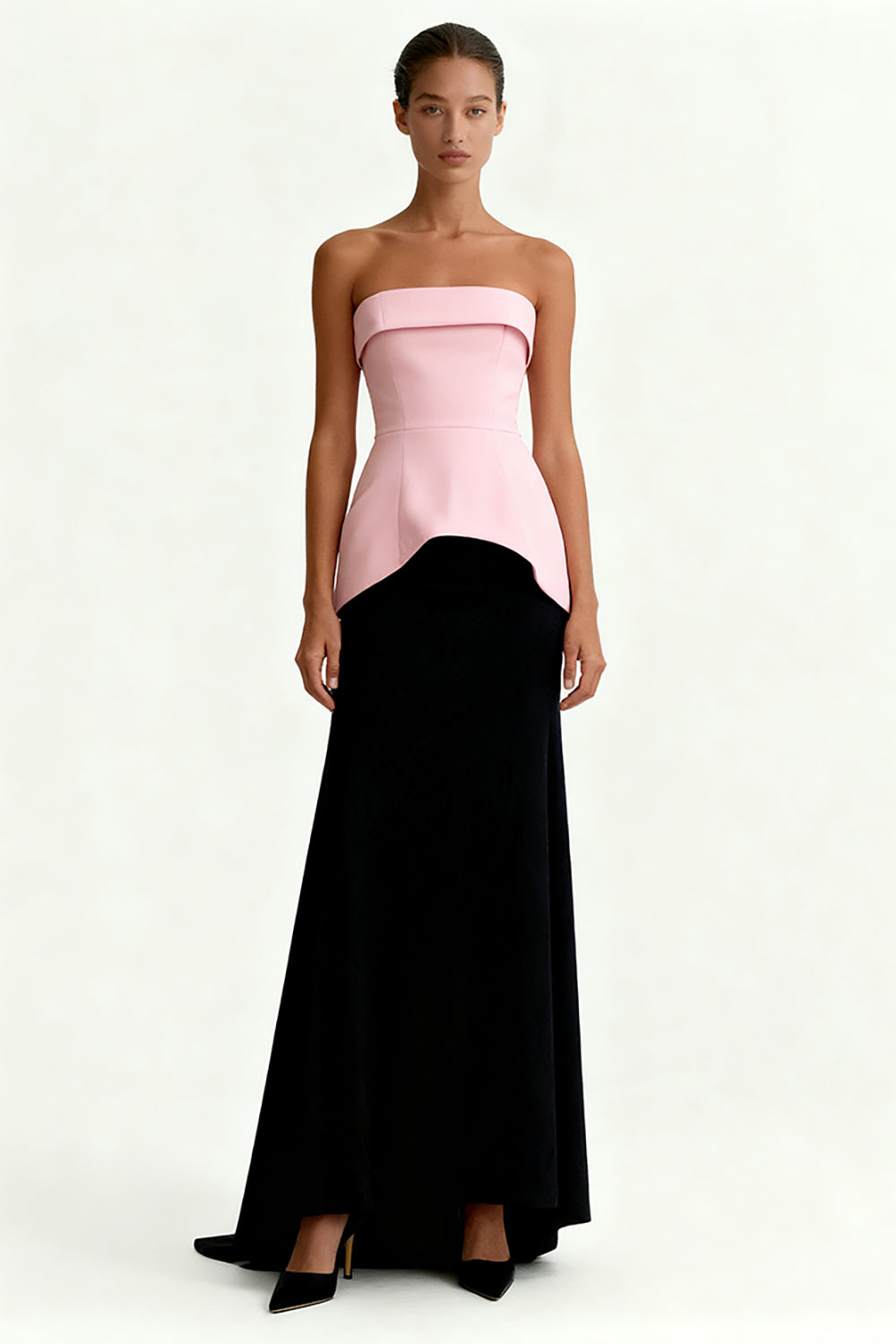 Black and Pink Satin Sheath Strapless Long Formal Dress