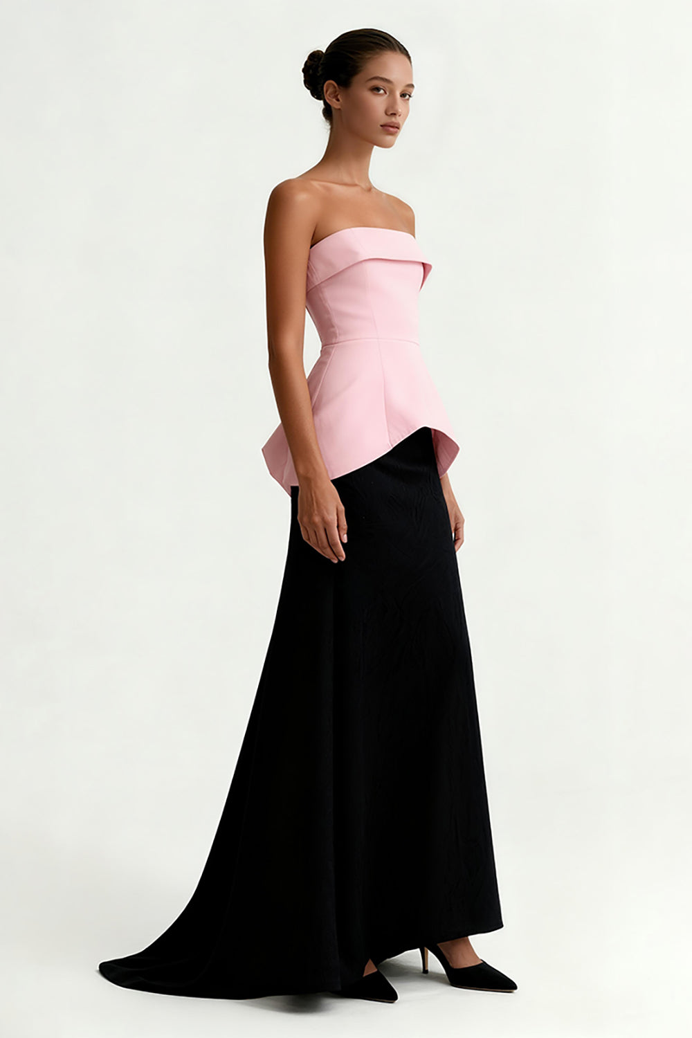 Black and Pink Satin Sheath Strapless Long Formal Dress