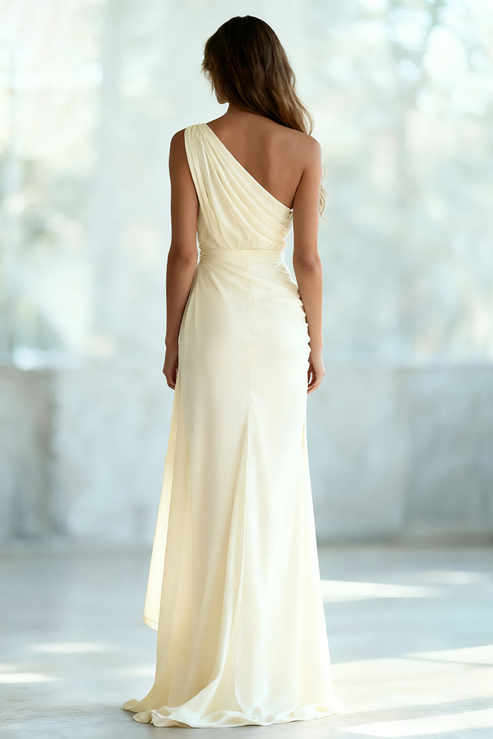 Ivory Ruched Sheath Chiffon One Shoulder Long Formal Dress