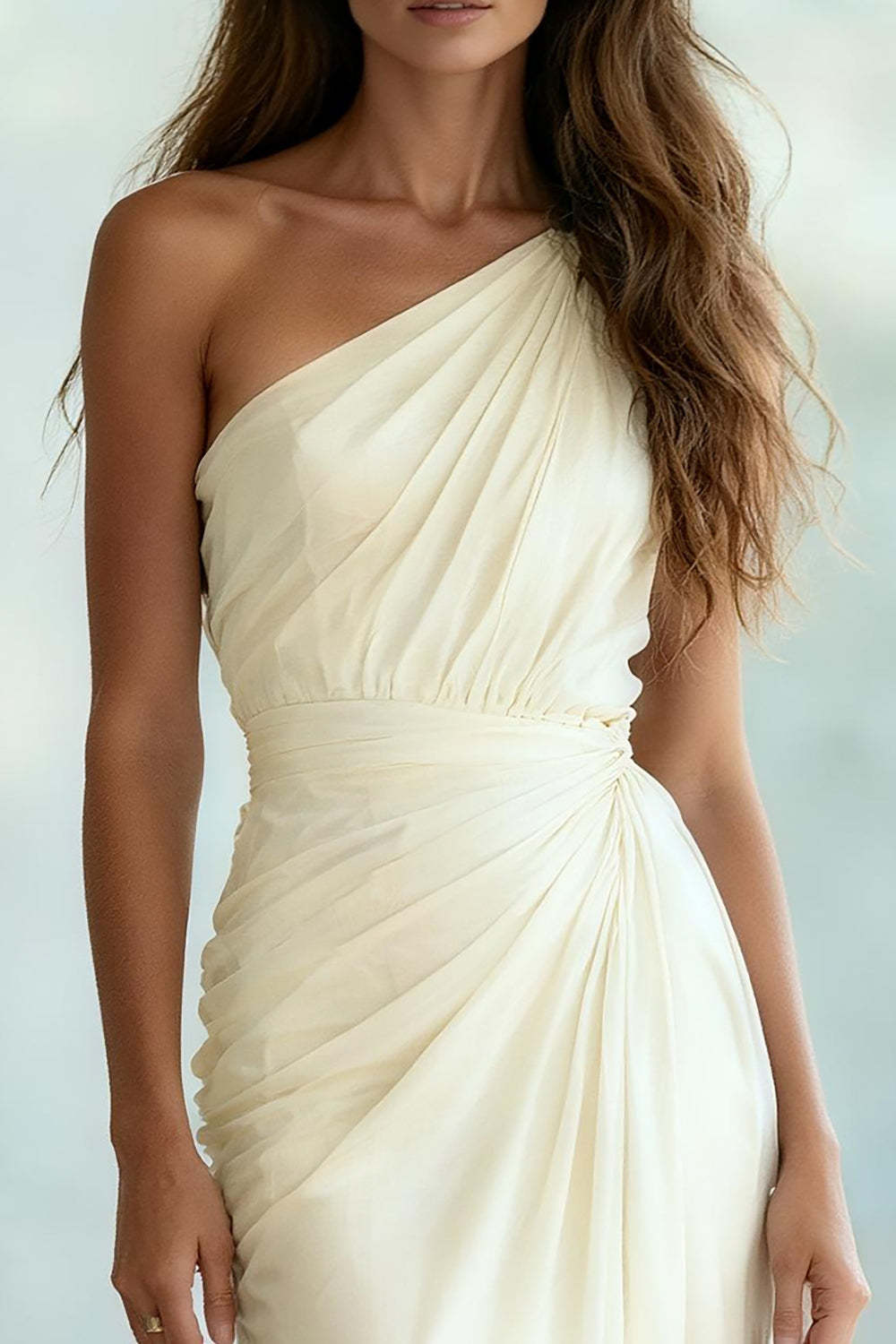 Ivory Ruched Sheath Chiffon One Shoulder Long Formal Dress