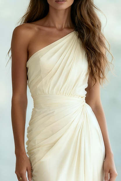 Ivory Ruched Sheath Chiffon One Shoulder Long Formal Dress