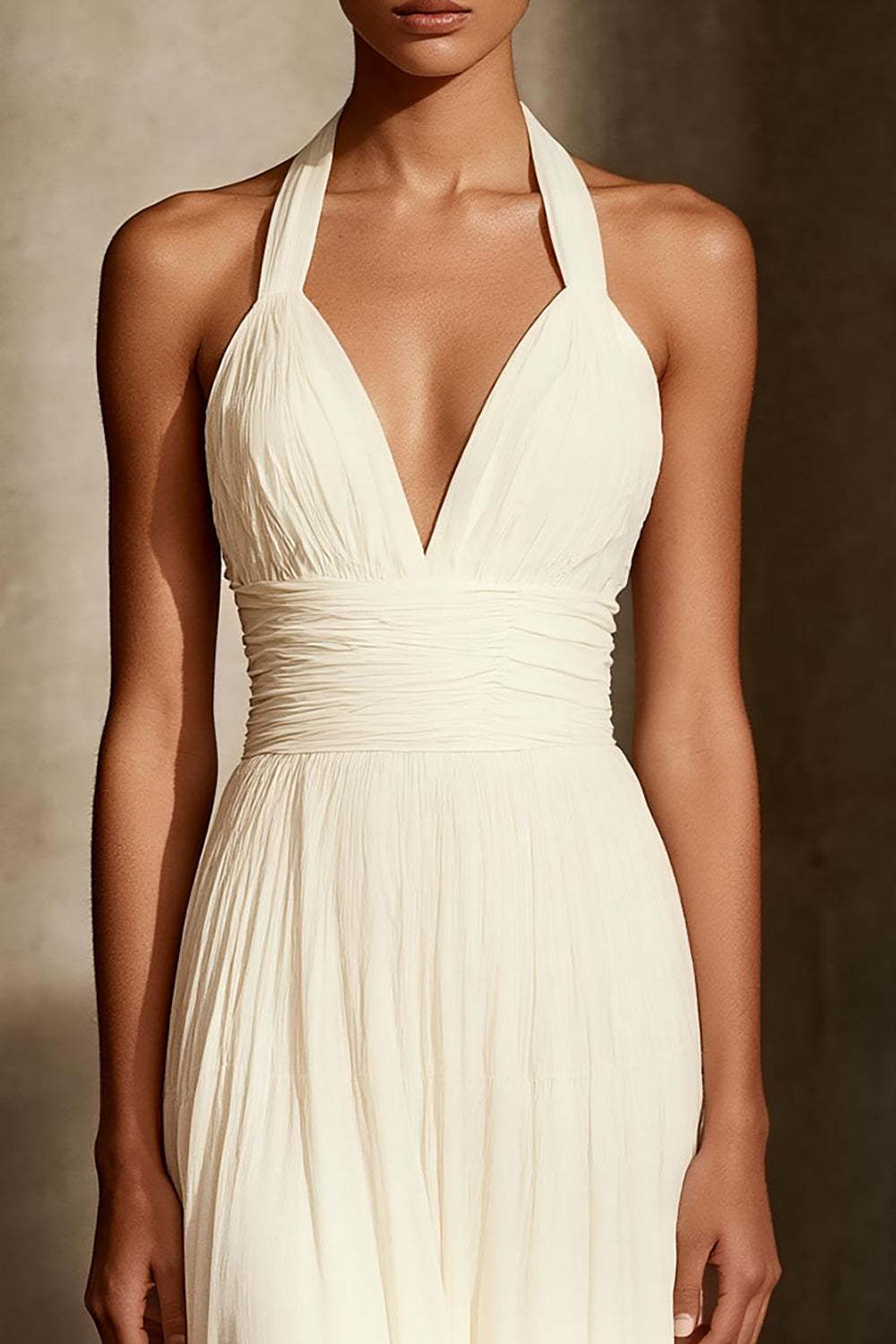 Ivory Sheath Chiffon Ruched Halter Long Formal Dress