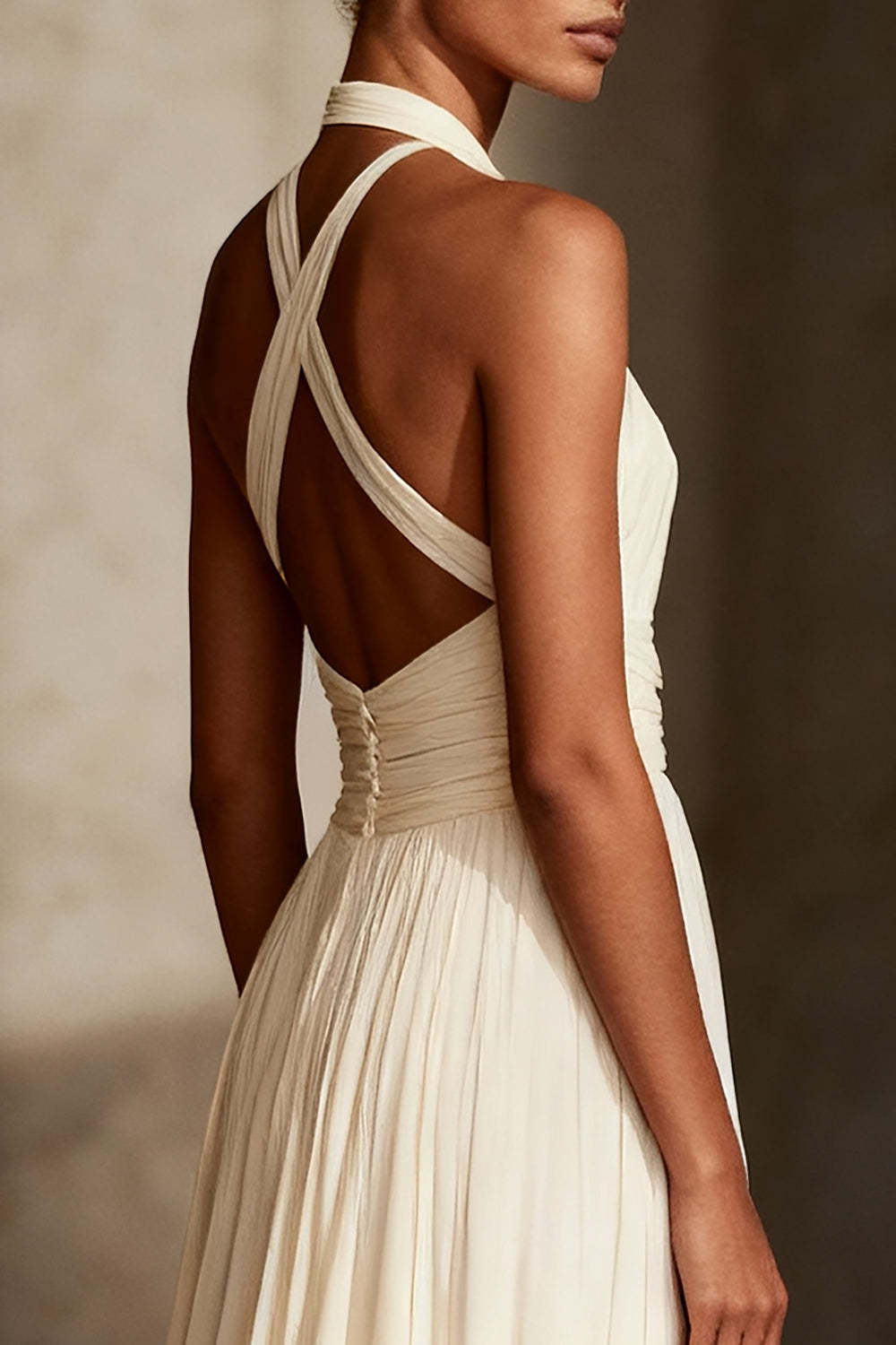 Ivory Sheath Chiffon Ruched Halter Long Formal Dress