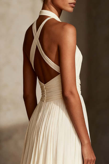 Ivory Sheath Chiffon Ruched Halter Long Formal Dress