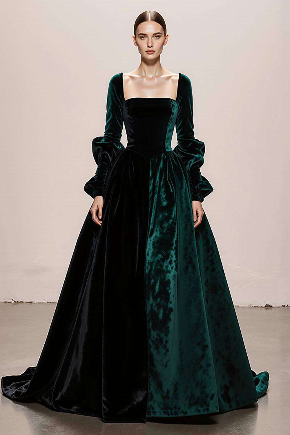 Leely Women Dark Green Velvet Ball Gown Holiday Party Dress Square Neck Long Formal Dress with Slit