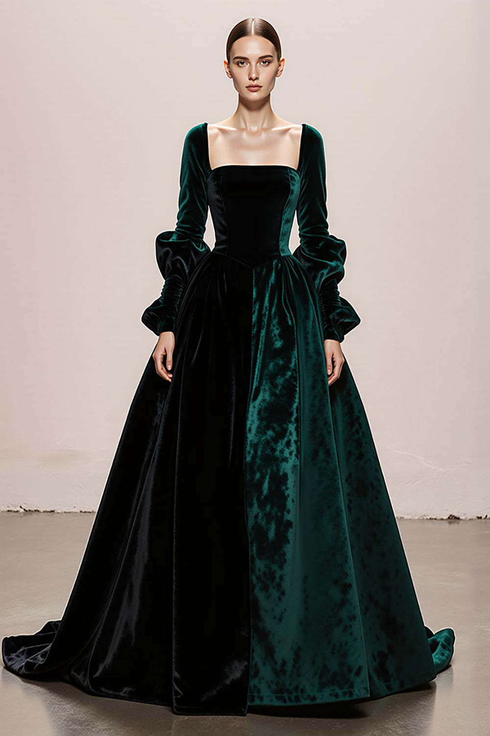 Leely Women Dark Green Velvet Ball Gown Holiday Party Dress Square Neck Long Formal Dress with Slit