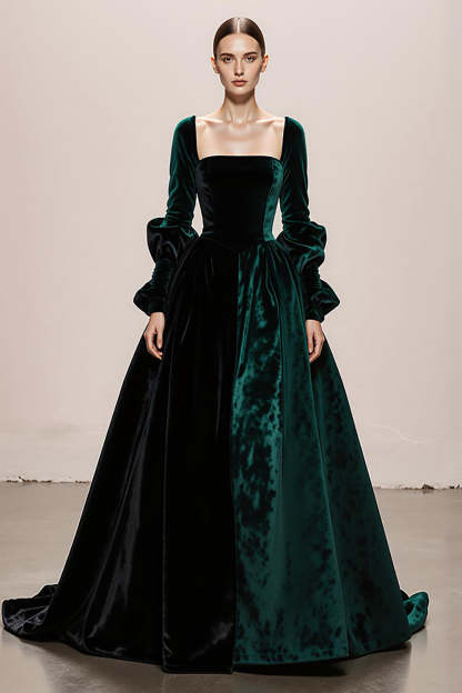 Leely Women Dark Green Velvet Ball Gown Holiday Party Dress Square Neck Long Formal Dress with Slit