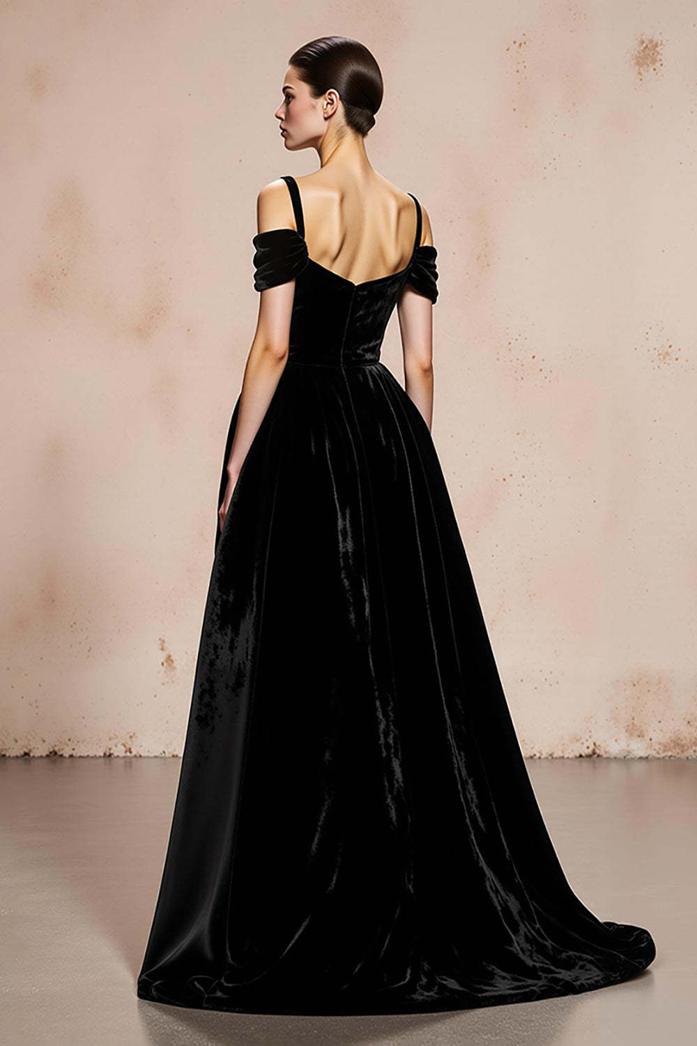 Black Velvet Ball Gown Cold Shoulder Long Holiday Party Dress