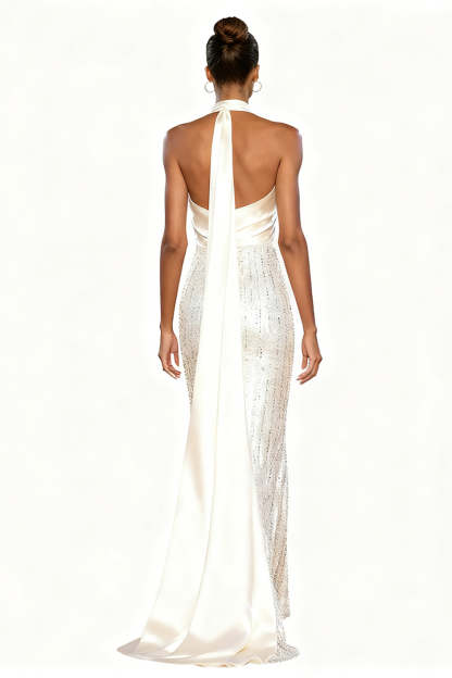 Sparkly White Halter Mermaid Sequins Long Formal Dress