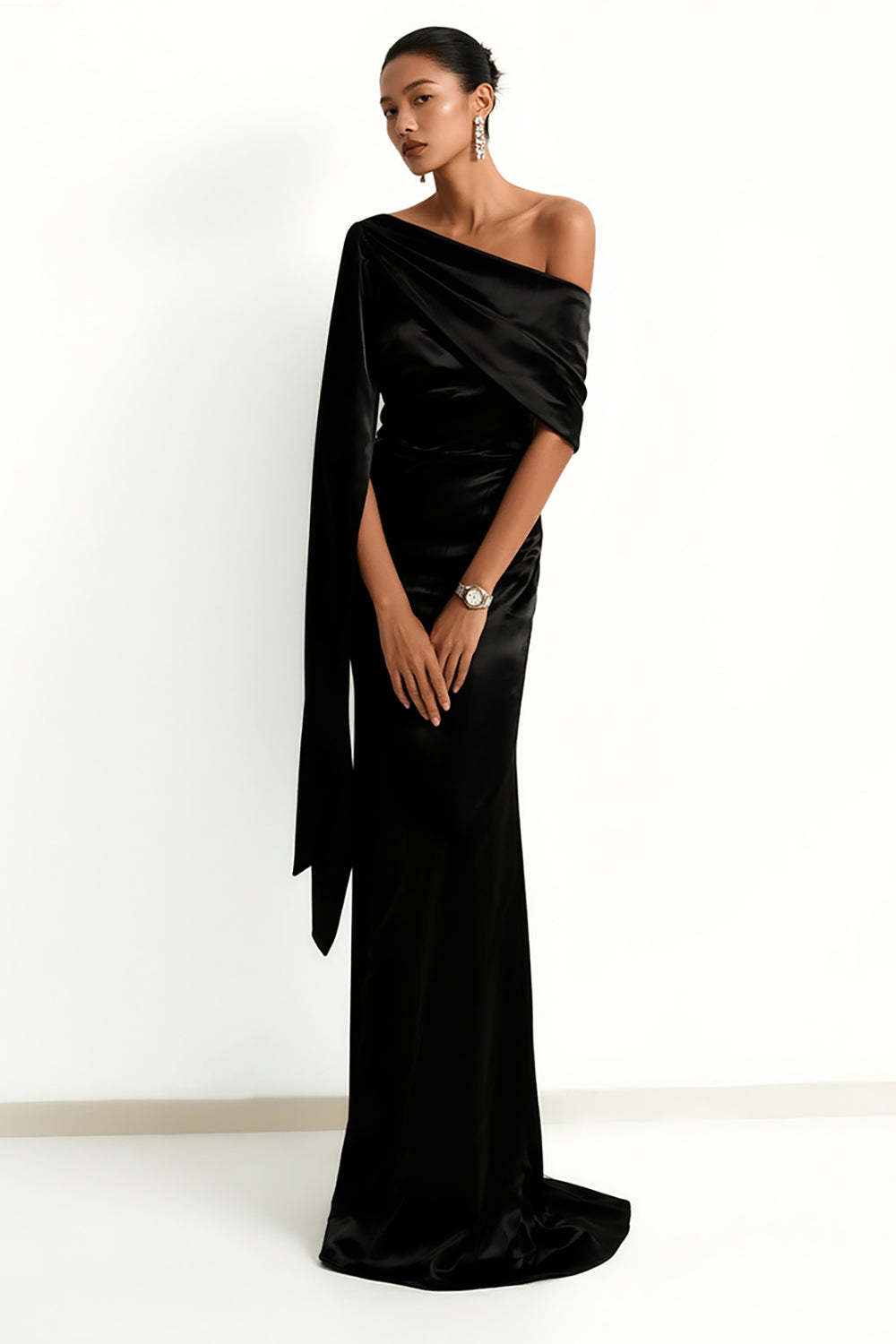 Leely Women Black Satin Maxi Formal Dress with Side Cape One Shoulder Mermaid Backless Ruched Evening Dress