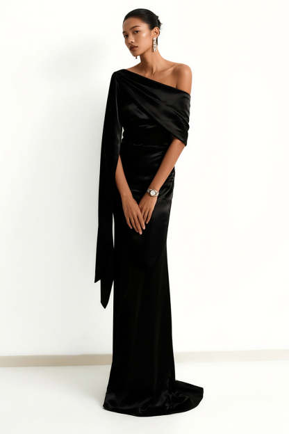 Leely Women Black Satin Maxi Formal Dress with Side Cape One Shoulder Mermaid Backless Ruched Evening Dress