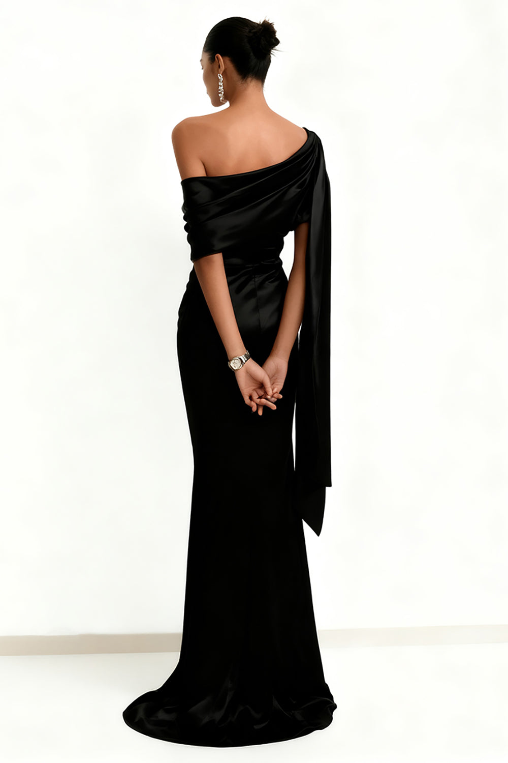 Black Mermaid Satin One Shoulder Maxi Formal Dress with Side Cape