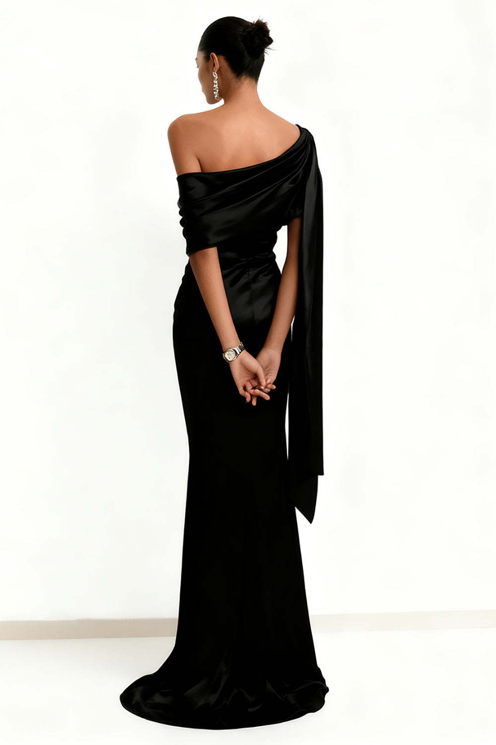 Black Mermaid Satin One Shoulder Maxi Formal Dress with Side Cape