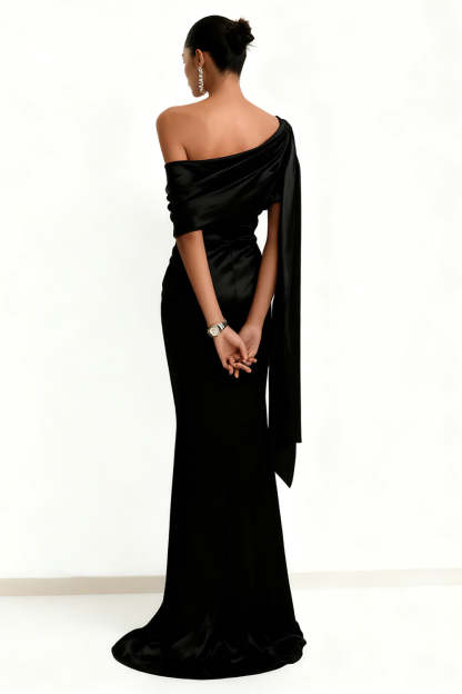 Black Mermaid Satin One Shoulder Maxi Formal Dress with Side Cape