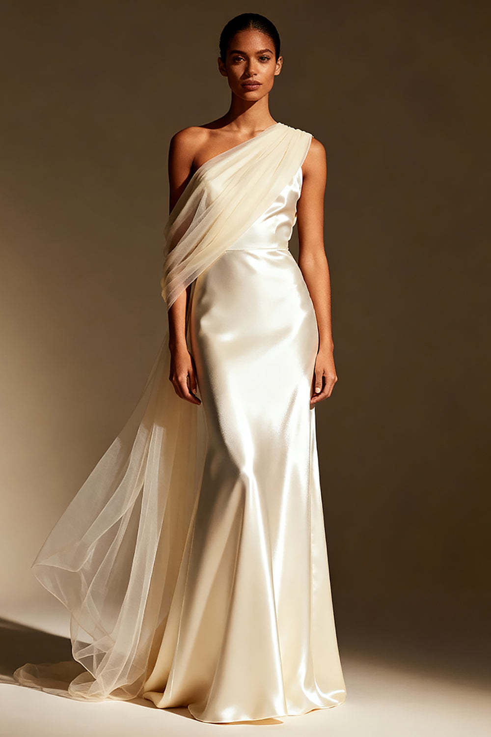 Leely Women White Mermaid Satin Long Formal Dress with Side Cape One Shoulder Backless Evening Dress