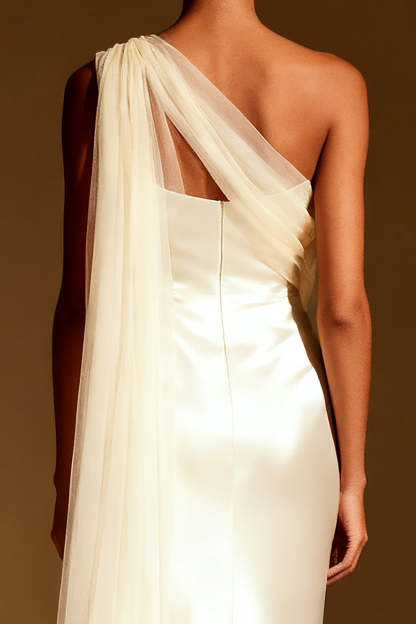 White Satin Mermaid One Shoulder Long Formal Dress with Side Cape