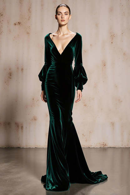 Leely Women Dark Green Velvet Long Sleeves Holiday Party Dress V-Neck Mermaid Backless Formal Dress