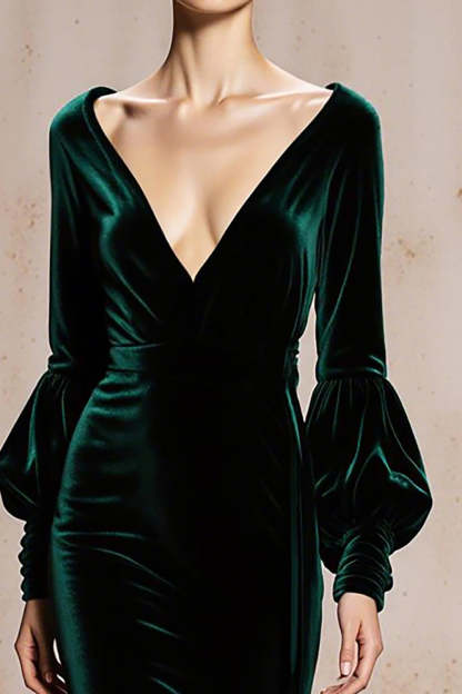 Dark Green Velvet Mermaid V-Neck Long Sleeves Holiday Party Dress