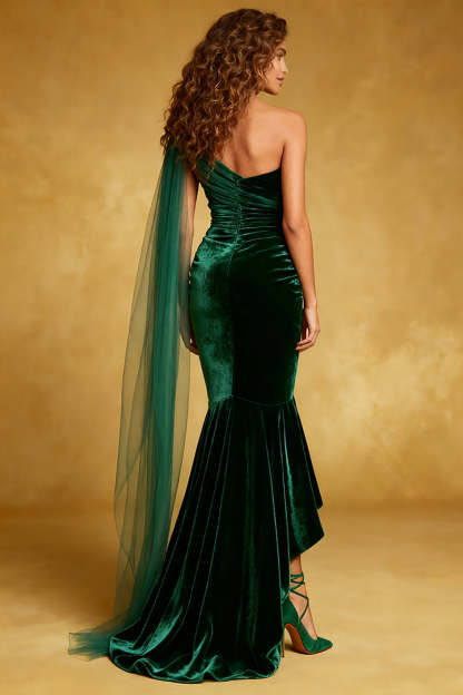 Dark Green Mermaid Velvet Ruffled Long Holiday Party Dress with Cape