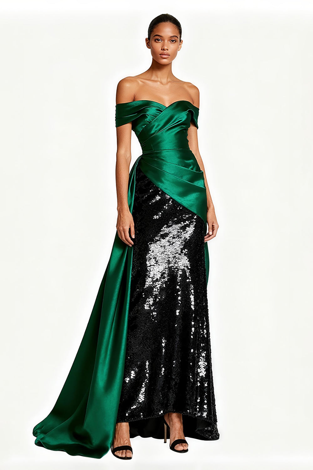 Leely Women Sparkly Dark Green Satin Maxi Formal Dress Off the Shoulder Evening Dress with Sequins