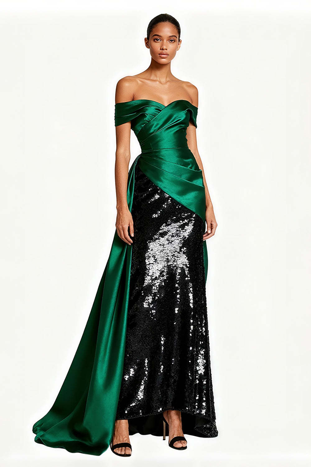 Leely Women Sparkly Dark Green Satin Maxi Formal Dress Off the Shoulder Evening Dress with Sequins