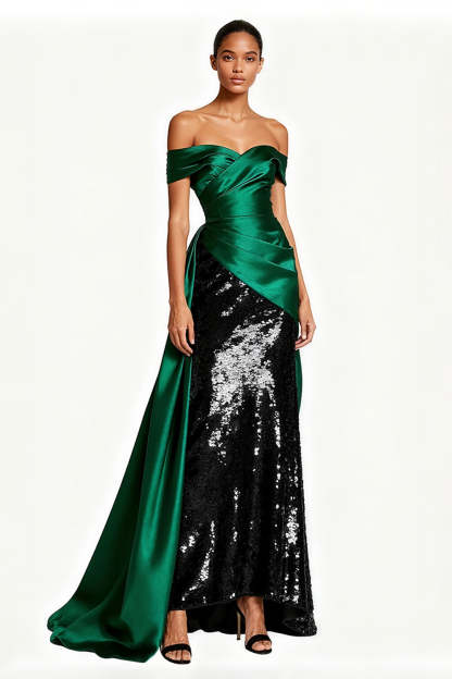 Leely Women Sparkly Dark Green Satin Maxi Formal Dress Off the Shoulder Evening Dress with Sequins
