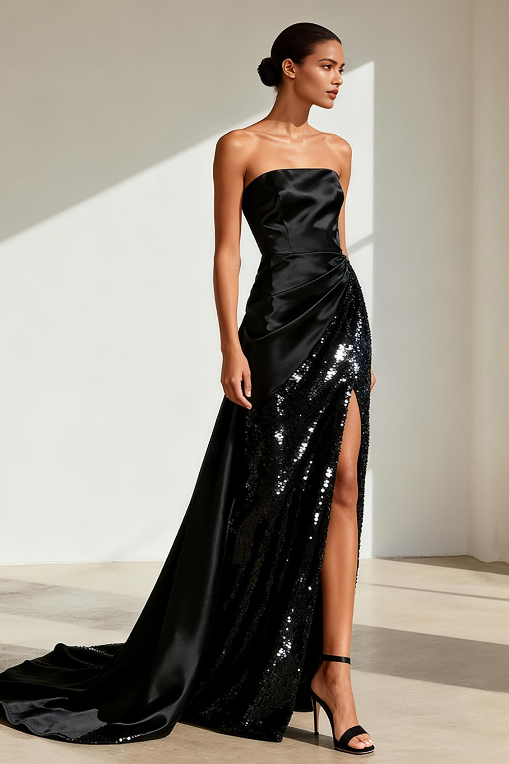 Sparkly Black Satin Strapless Long Formal Dress with Slit